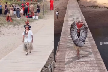 Ponte sobre o Rio Gregório vira passarela para desfile de moda indígena no Acre
