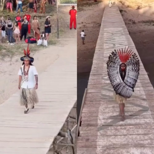 Ponte sobre o Rio Gregório vira passarela para desfile de moda indígena no Acre