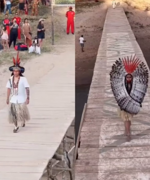 Ponte sobre o Rio Gregório vira passarela para desfile de moda indígena no Acre