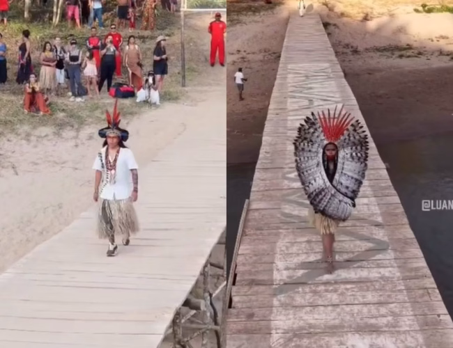 Ponte sobre o Rio Gregório vira passarela para desfile de moda indígena no Acre